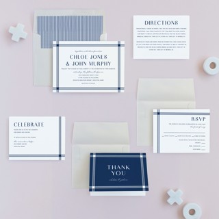 This is a navy wedding invitations with standard by Kerry Doyle called window pane check printing on signature in standard