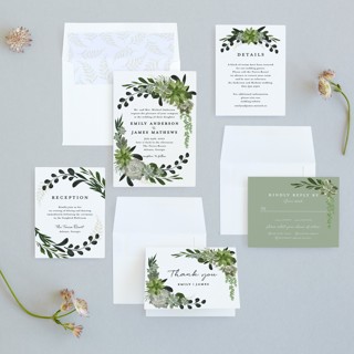 This is a ivory wedding invitations with standard by Susan Moyal called agave & greens printing on signature in standard