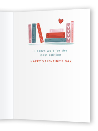 This is a mint valentines day cards with standard by Erin German called bookcase of love printing on signature in greeting cards