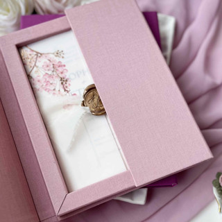 This is a pink wedding gifts by Self Stationery called gatefold linen box for 5x7 wedding invitation with magnetic closure, misty rose personalized keepsake box in standard