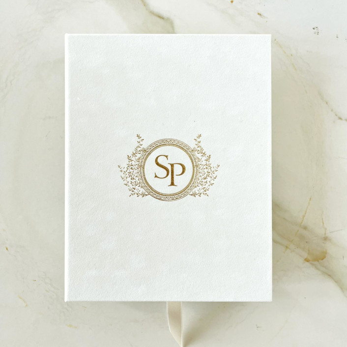 Custom Velvet Invitation Keepsake Box with Gold Foil Monogram