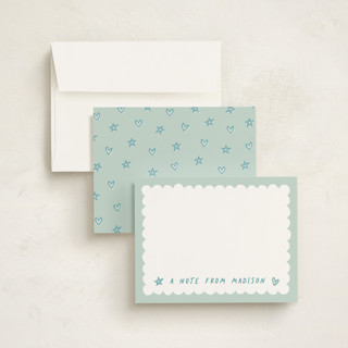 This is a seafoam kids thank you cards notes with standard by Hooray Creative called scallop border printing on signature in standard