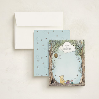 This is a sky blue kids thank you cards notes with standard by Becky Nimoy called disney's winnie the pooh in the wood printing on signature in standard