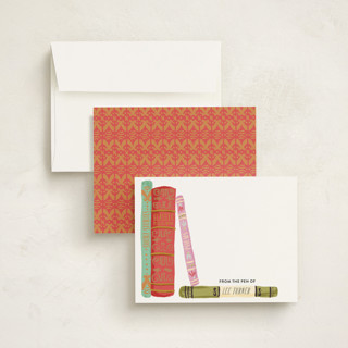 This is a sweet coral kids thank you cards notes with standard by Shiny Penny Studio called painted book spines printing on signature in standard