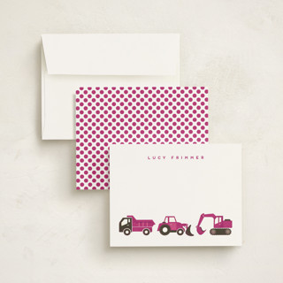 This is a magenta kids thank you cards notes with standard by Snow and Ivy called big truck parade printing on signature in standard