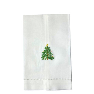 This is a white tea towels by Virginia Marcello called holiday tree embroidered hand towel in standard