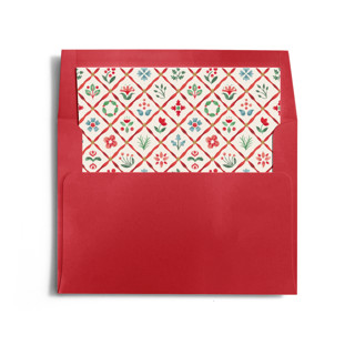 This is a crimson wedding envelopes with standard by Paper Sun Studio called patchwork christmas printing on signature in liner
