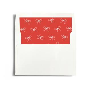 This is a peppermint wedding envelopes with standard by Hooray Creative called scripted red bow printing on signature in liner