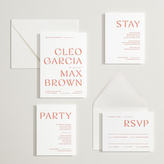 This is a grapefruit letterpress wedding invitations with letterpress by Blustery August called boldly printing on white cotton in standard