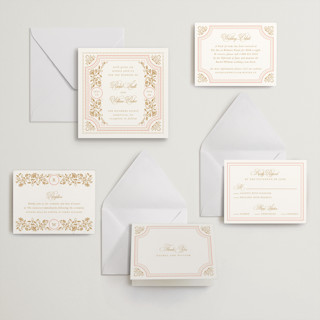 This is a faux gold letterpress wedding invitations with letterpress by Mansi Verma called ornate frame printing on somerset500 in standard