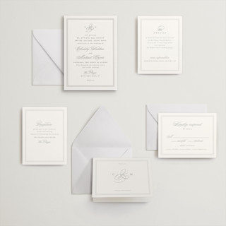 This is a matte silver letterpress wedding invitations with letterpress by Creo Study called monogrammed eternity printing on somerset500 in standard