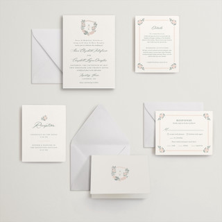 This is a stone letterpress wedding invitations with letterpress by Olivia Raufman called flourishing crest printing on somerset500 in standard