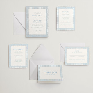 This is a sky blue letterpress wedding invitations with letterpress by Ellen Schlegelmilch called delicate rattan printing on somerset500 in standard
