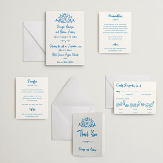 This is a sapphire letterpress wedding invitations with letterpress by Jenna Holcomb called sketched crest printing on somerset500 in standard