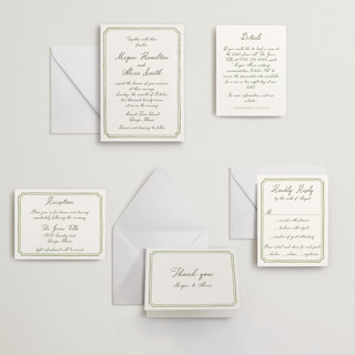 This is a moss letterpress wedding invitations with letterpress by Cass Loh called handwritten printing on somerset500 in standard