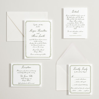 This is a moss letterpress wedding invitations with letterpress by Cass Loh called handwritten printing on somerset500 in standard