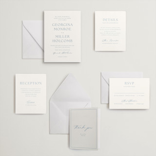 This is a provincial blue letterpress wedding invitations with letterpress by Stacey Meacham called modern air printing on somerset500 in standard