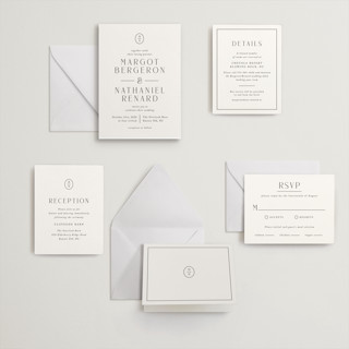 This is a soft black letterpress wedding invitations with letterpress by Olivia Raufman called minimalist monogram printing on somerset500 in standard