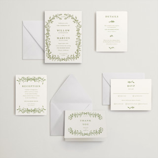 This is a pistachio letterpress wedding invitations with letterpress by Susan Moyal called greenery vine printing on somerset500 in standard