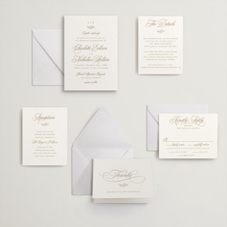 This is a matte gold letterpress wedding invitations with letterpress by Hooray Creative called vineyard script printing on somerset500 in standard