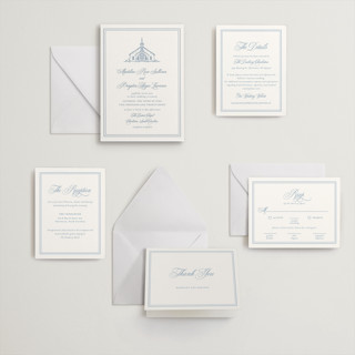 This is a provincial blue letterpress wedding invitations with letterpress by Melinda Denison called the chapel printing on somerset500 in standard