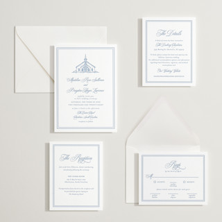This is a provincial blue letterpress wedding invitations with letterpress by Melinda Denison called the chapel printing on somerset500 in standard
