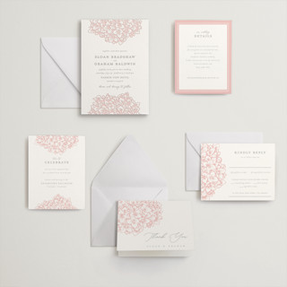 This is a blush letterpress wedding invitations with letterpress by Paula Pecevich called hydrangea blooms printing on somerset500 in standard