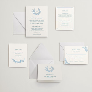 This is a sky blue letterpress wedding invitations with letterpress by Cass Loh called flowers monogram printing on somerset500 in standard