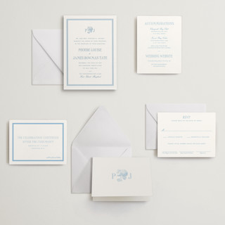 This is a sky blue letterpress wedding invitations with letterpress by Megan Davis called chesapeake printing on somerset500 in standard