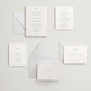 This is a provincial blue letterpress wedding invitations with letterpress by Blustery August called villa printing on somerset500 in standard