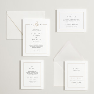 This is a faux gold letterpress wedding invitations with letterpress by Kelly Schmidt called framed monogram printing on somerset500 in standard