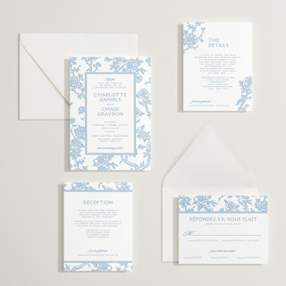 This is a sky blue letterpress wedding invitations with letterpress by Jenna Holcomb called classic toile printing on somerset500 in standard