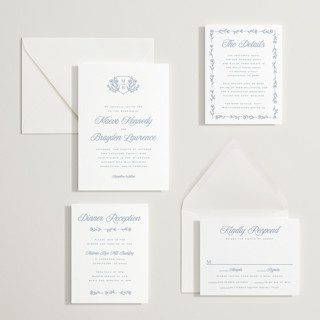 This is a provincial blue letterpress wedding invitations with letterpress by Hooray Creative called blue crest printing on somerset500 in standard