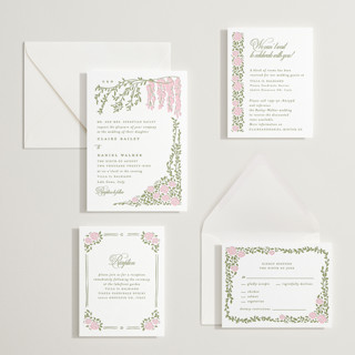 This is a pistachio letterpress wedding invitations with letterpress by Creo Study called vintage blooms printing on somerset500 in standard