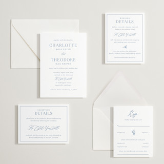 This is a provincial blue letterpress wedding invitations with letterpress by Jen Movitz called simple type printing on somerset500 in standard