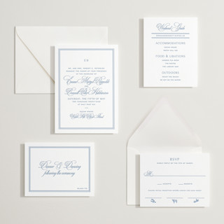 This is a provincial blue letterpress wedding invitations with letterpress by Megan Davis called maison printing on somerset500 in standard