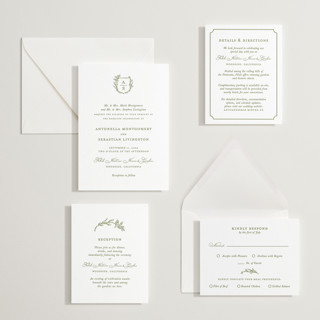 This is a pistachio letterpress wedding invitations with letterpress by Lucrecia Caporale called botanical crest printing on somerset500 in standard