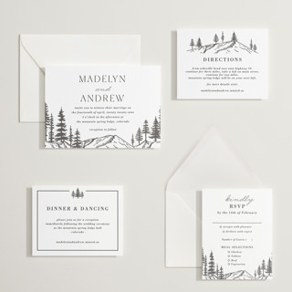 This is a soft black letterpress wedding invitations with letterpress by Winston Latchman called mountain pines printing on white cotton in standard