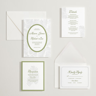 This is a pistachio letterpress wedding invitations with letterpress by Julia Liverton called palm shade printing on somerset500 in standard