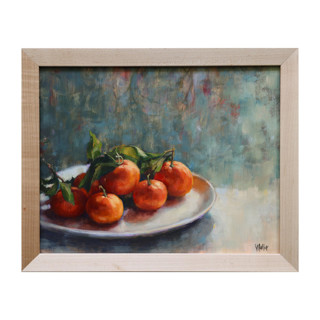 This is a blue original paintings by Wendy Keller called oranges on a plate in standard