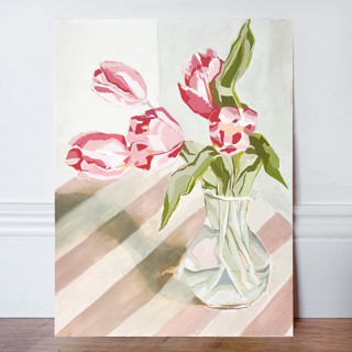 This is a pink original paintings by Lucrecia Caporale called fresh tulips in a vase original gouache painting in standard
