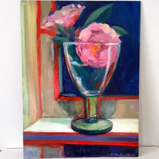This is a pink original paintings by Sue MacLeod-Beere called camelia sundae in standard