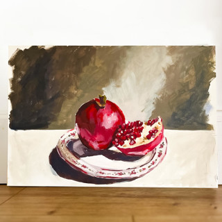 This is a red original paintings by Lucrecia Caporale called pomegranate on vintage plate original painting in standard
