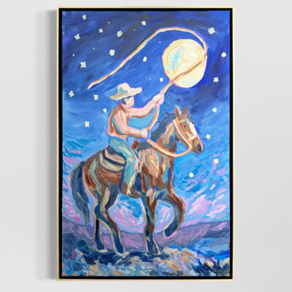 This is a multicolorassorted-colors original paintings by Sarah Mankin called "the boy who lassoed the moon" – 36x24 – framed original painting in standard