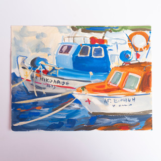 This is a multicolorassorted-colors original paintings by Alexandra Dzh called mediterranean boats painting in standard