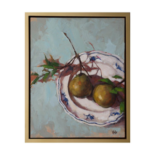 This is a green original paintings by Wendy Keller called pears on a plate in standard