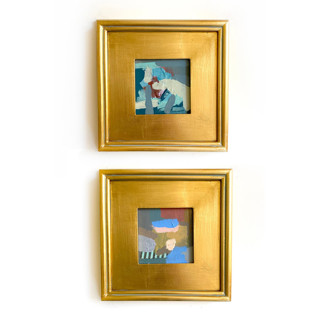 This is a blue mixed media by Jessalin Beutler called rocky shores set of 2 mini paintings in standard