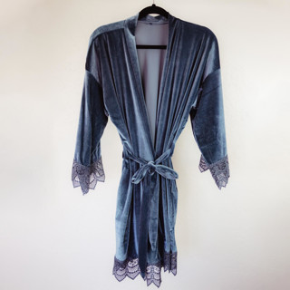 This is a blue bridesmaid gifts by Jordan Perry called dusty blue velvet robe in standard