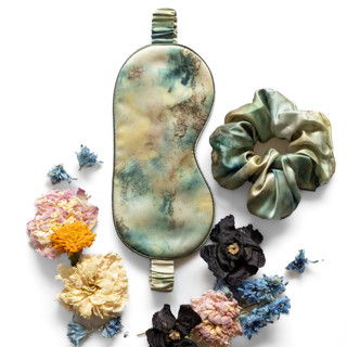 This is a green bridesmaid gifts by www.silkandwillow.com called seascape-sleep mask & hair scrunchie set in standard