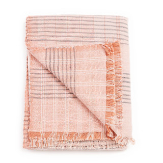 This is a pink throw blankets by Anjali Purohit called silica rose in shades of salmon gray stripes pattern soft handwoven merino throw in standard